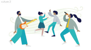 Image of four people, two dancing and two playing music and singing