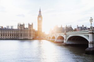 View from south bank of river thames looking at Houses of Parliament and Westminster Bridge