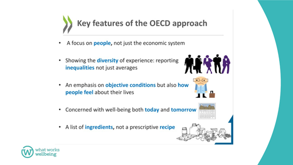 Key features of the OECD approach are: a focus on people not just economic system; showing diversity of experience; reporting inequalities not just averages; emphasising objective conditions and how people feel about their lives; concerned with wellbeing today and tomorrow; offering a list of ingredients not a prescriptive recipe. 