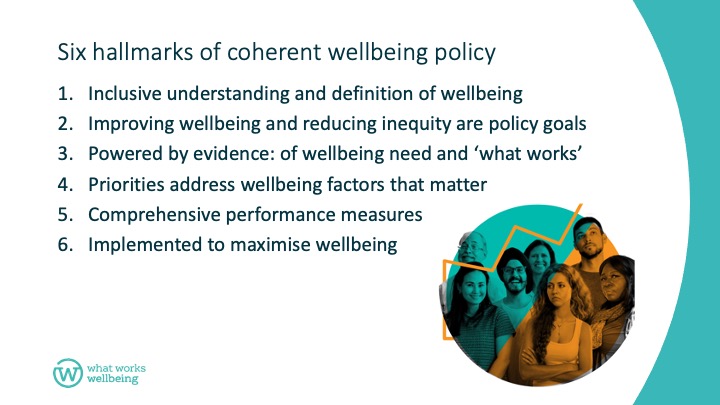 The six hallmarks of coherent wellbeing policy are 1) having an inclusive understanding and definition of wellbeing; 2) detailing improving wellbeing and reducing inequity as policy goals; 3) being powered by evidence of wellbeing need and of ‘what works’; 4) addressing wellbeing factors that matter as a priority: Work, Income, Society & governance, Emotional mental-health, Relationships and Communities (WISER);  5) including comprehensive performance measures; 6) implemented to maximise wellbeing.