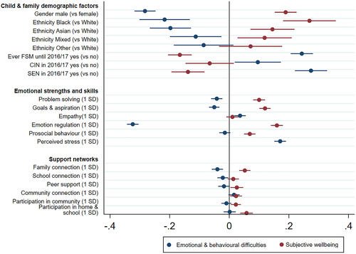 Figure 1. Regression coefficients predicting mental illness and subjective wellbeing