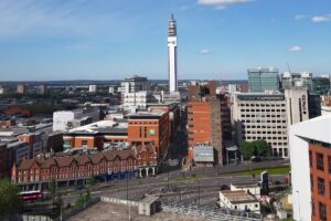 View of Birmingham from library showing BT tower, streets and carpark