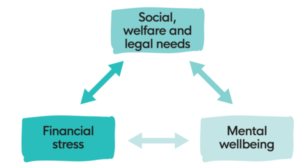 Fig. 1 - three core and inter-related themes: social, welfare and legal needs; financial stress; mental wellbeing