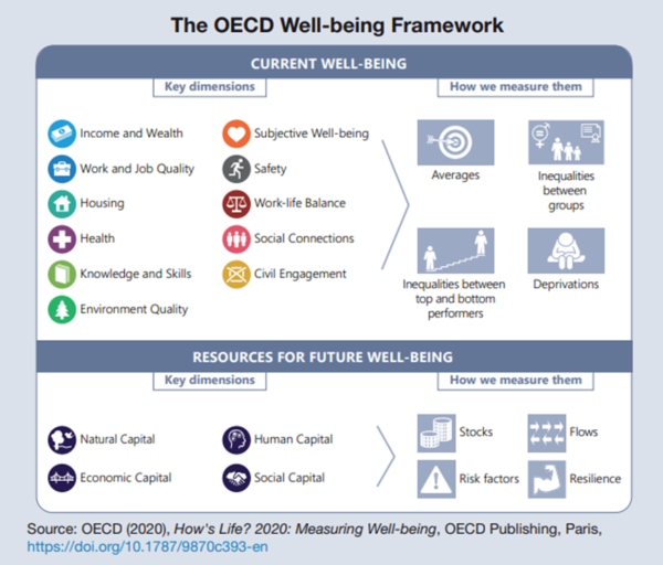 OECD wellbeing framework detailing 1) the key dimensions (income and wealth; work and job quality; housing; health; knowledge and skills; environmental quality; civil engagement; subjective wellbeing; safety; work-life balance; social connection) and measures (averages; inequalities between groups; inequalities between top and bottom performers; deprivations) of current wellbeing 2) the key dimensions (natural capital; human capital; economic capital; social capital) and measures (stocks; risk factors; flows; resilience) for future wellbeing