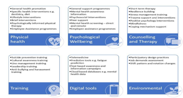 Six categories: Physical health, psychological wellbeing, counselling and therapy, training, digital tools, environmental
