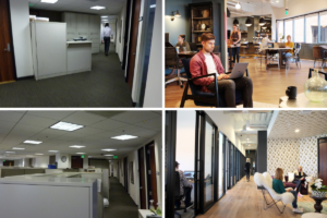 A collage of four photos. Two are from before the office redesign and the spaces are poorly lit and separated by cubicles. Two are from after the redesign and spaces are more open, well lit and created for joint as well as lone work.