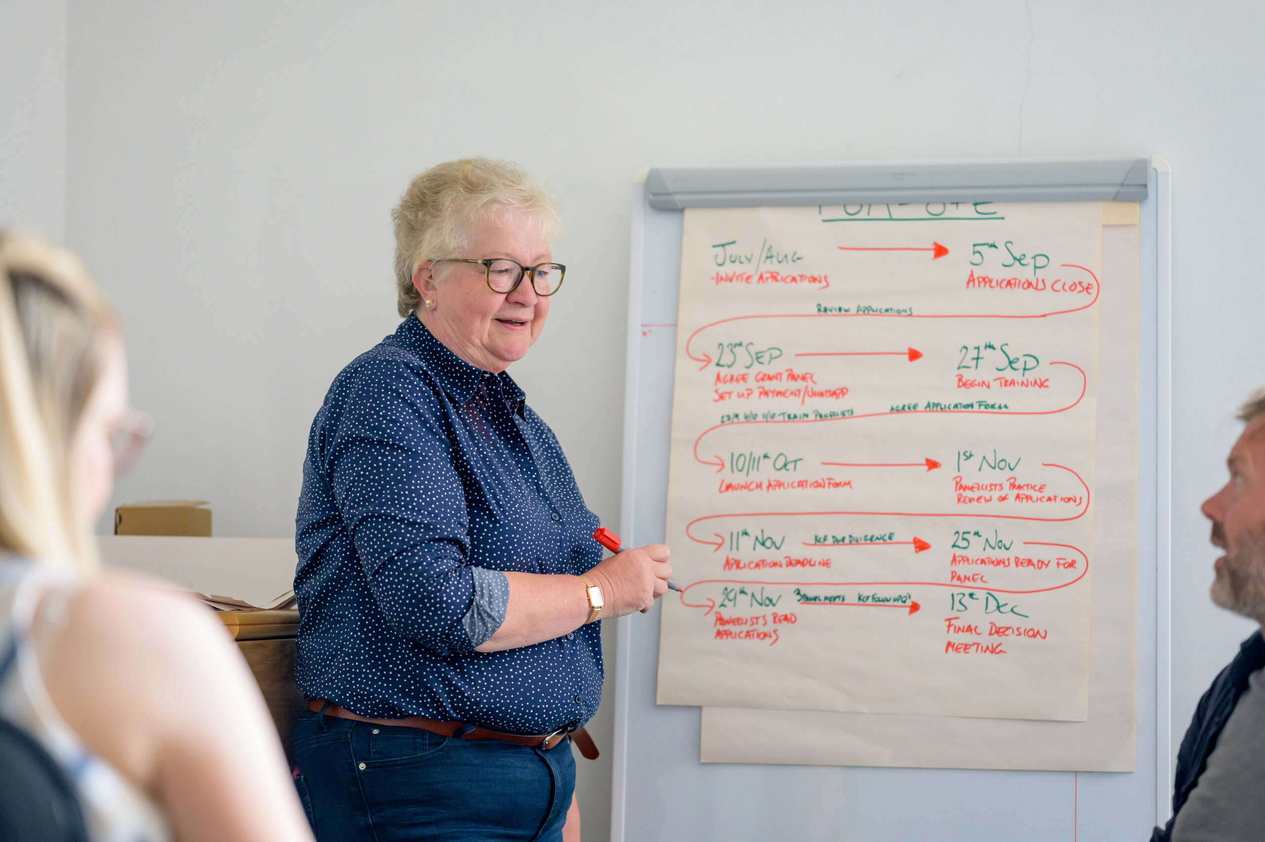 Older female worker standing next to flip chart leading workshop with colleagues