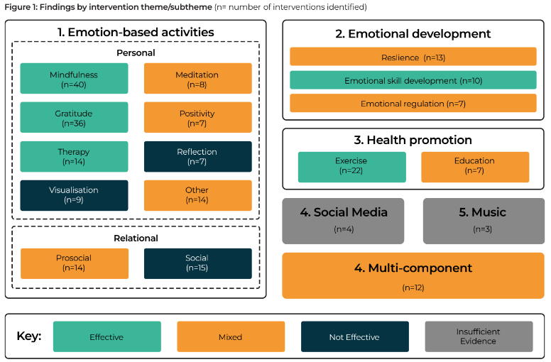 A diagram showing the strength of life satisfaction evidence for different emotion-based activities, emotional development, health promotion, and relational activities. It uses colour coded boxes to show there is effective evidence for mindfulness, gratitude, therapy, and for emotional skill development and exercise. Mixed evidence was found for meditation, positivity, prosocial, resilience, emotional regulation, education, and multi-component activities. There is evidence that reflection, visualisation, and relational social activities are not effective. Insufficient evidence exists for social media and music. 